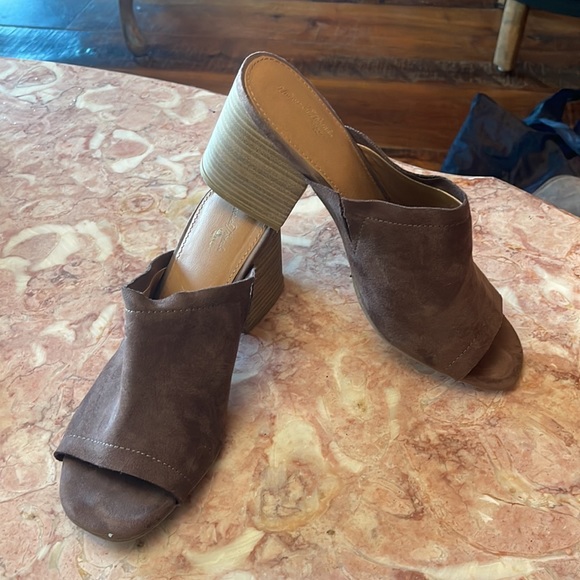 Taupe Suede Open Toe Mule Heels - Picture 2 of 6